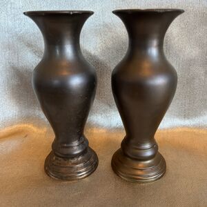 Set of 2 Vintage Small Brass Bud Vases Patina 5” Tall Heavy Beautiful Home Decor